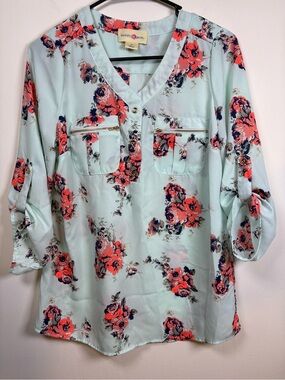 Wishful Park Mint Floral V-Neck Blouse with Coral and Navy Roses